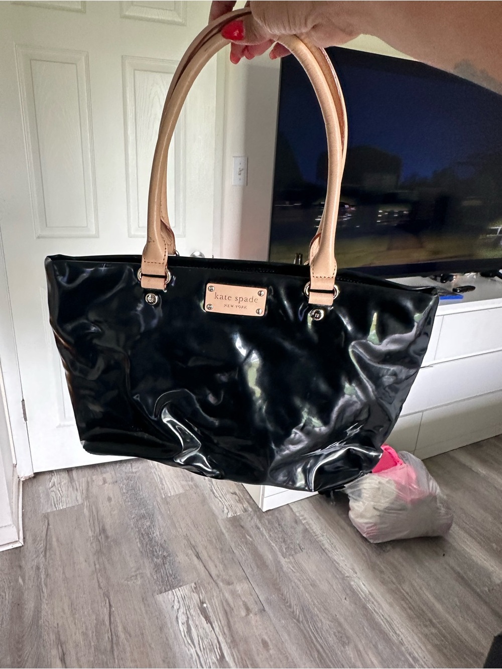 kate spade Black Patent Tote with Tan Handles
